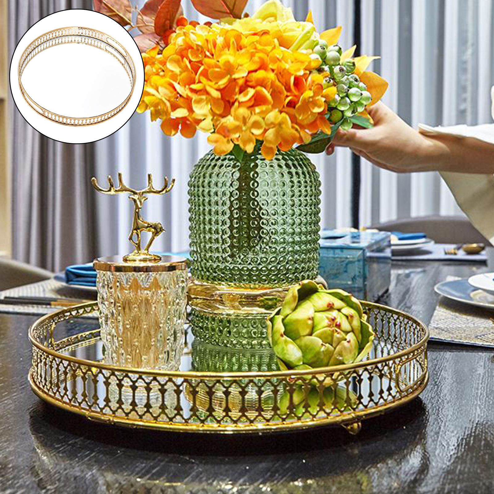 Round Vanity Tray Dresser Ornate Tray Home Wedding Decorative Mirrored Tray Jewelry Perfume Makeup Perfume Organizer