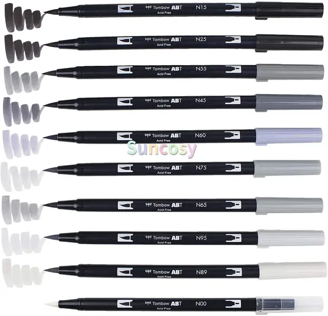 Tombow 56171 Dual Brush Pen Art Markers, Grayscale, 10-Pack. Blendable,  Brush and Fine Tip Markers