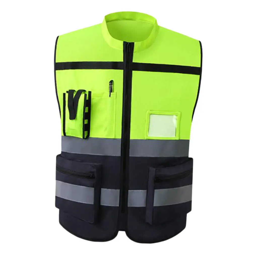 Reflective Safety Vest, Bright Neon Yellow Color with Reflective Strips - Zipper Front Style-F