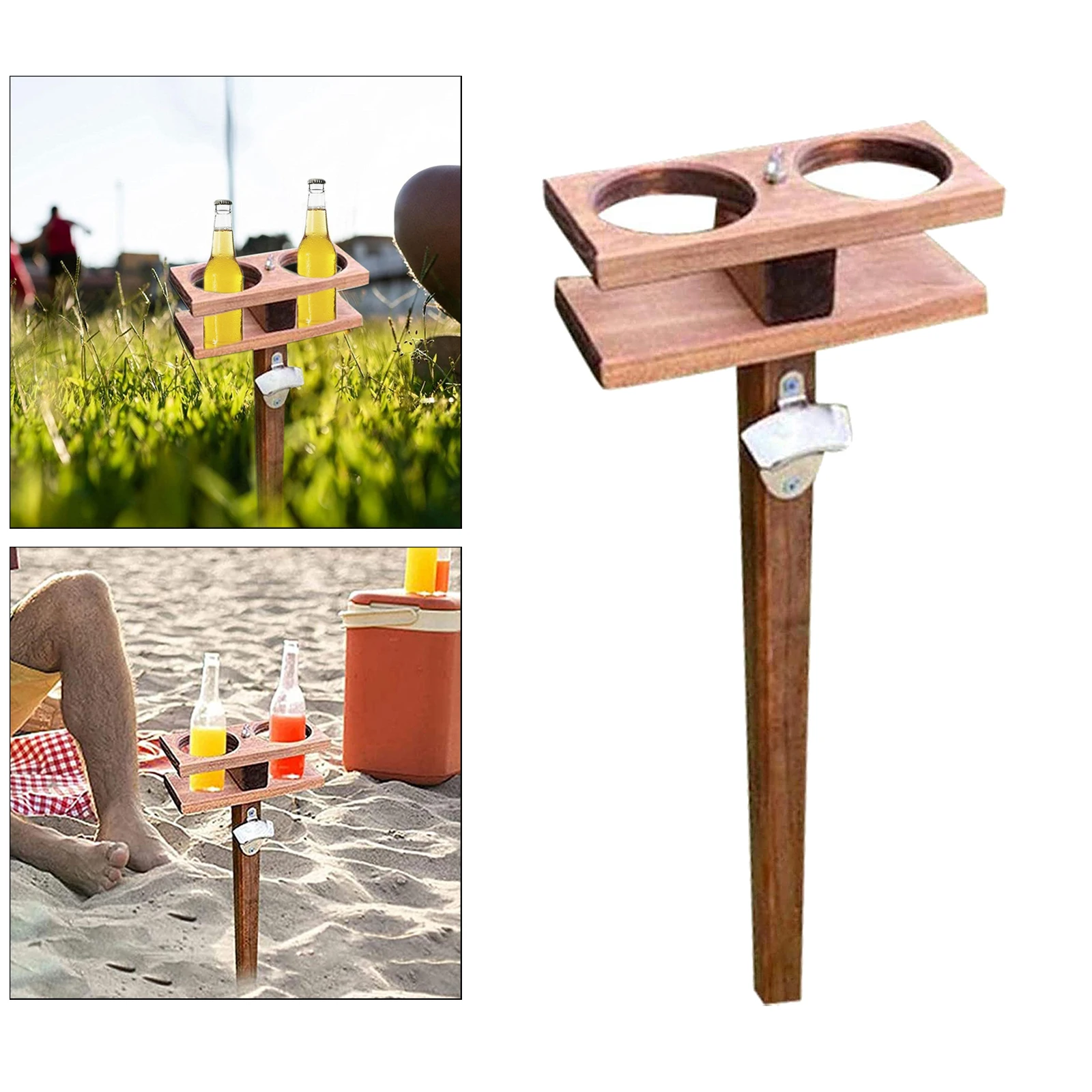 Portable Folding Wooden Outdoor Wines Table, Compact BBQ Beach Beer Bottles