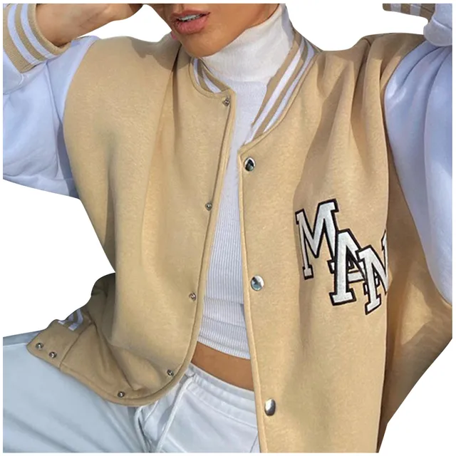 Oversized Varsity Jacket Baseball Jacket Women Khaki Long Sleeve