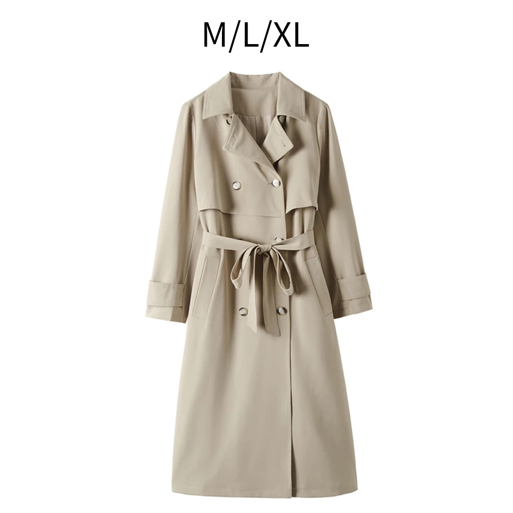 Women`S Double-Breasted Trench Coat Slim Regular Self Tie Sleeve Belt Jacket Lapel Overcoat