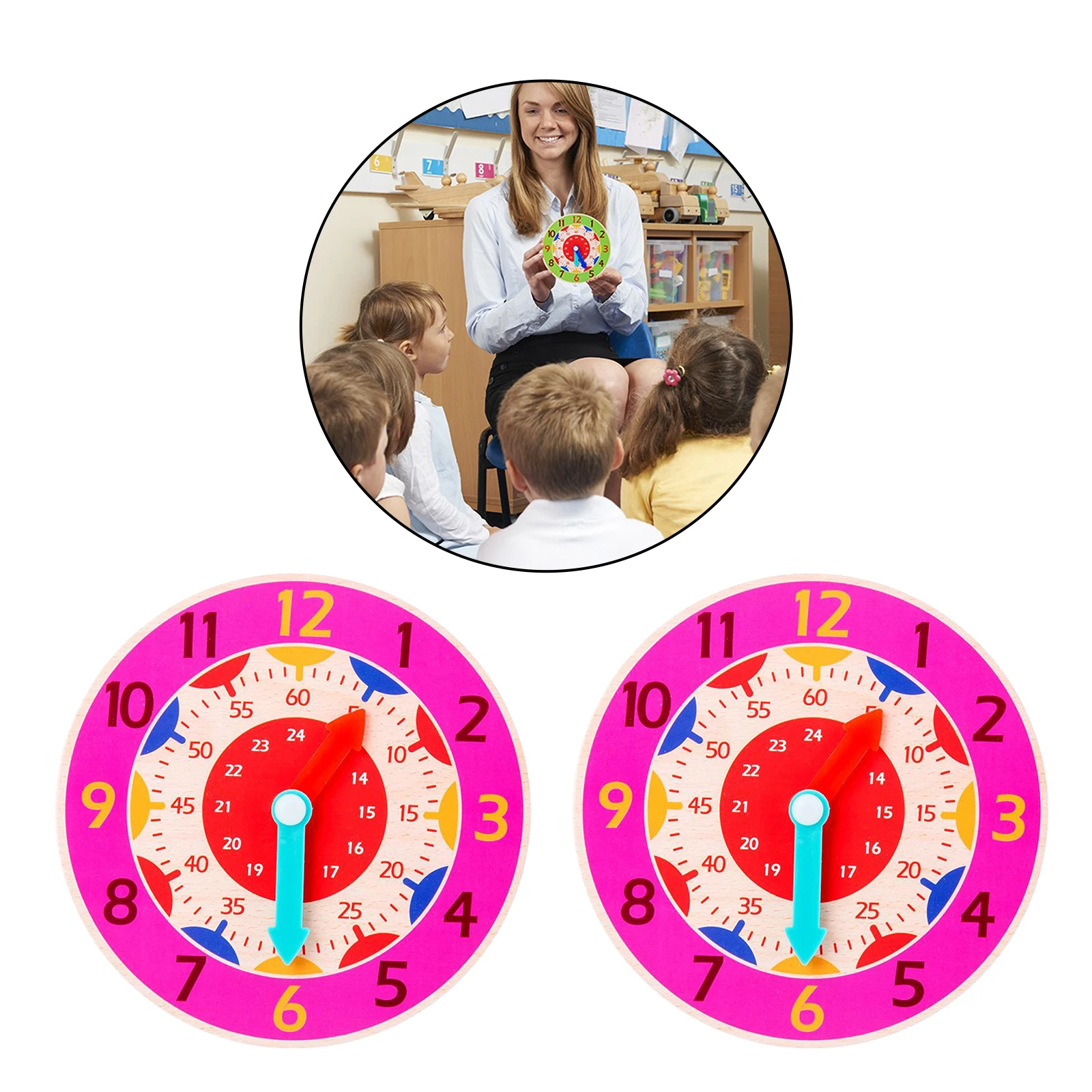 Set of 2 Montessori Wooden Clock Toy Learning Time Teaching Aids for Kids