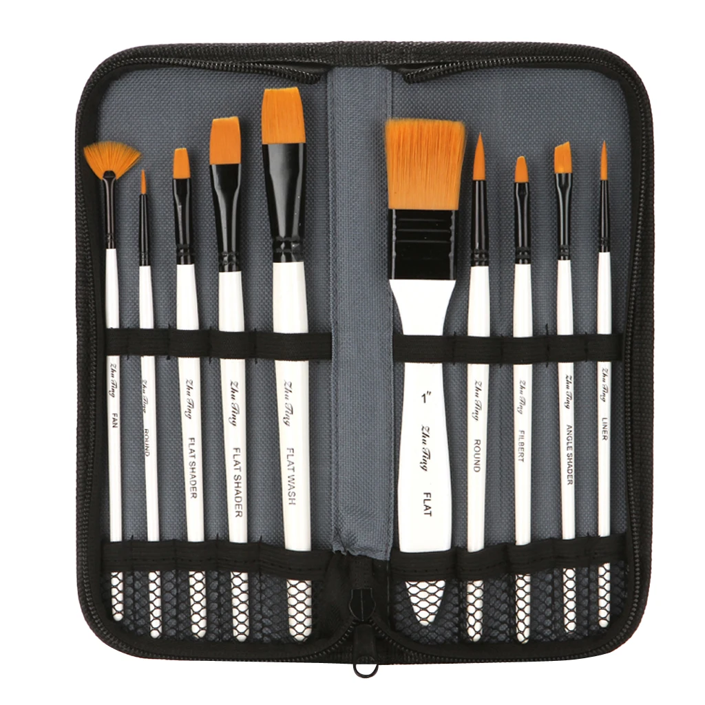 10Pack Mix Nylon Hair Art Artists Painting Brushes Set with Zipper Carry Case