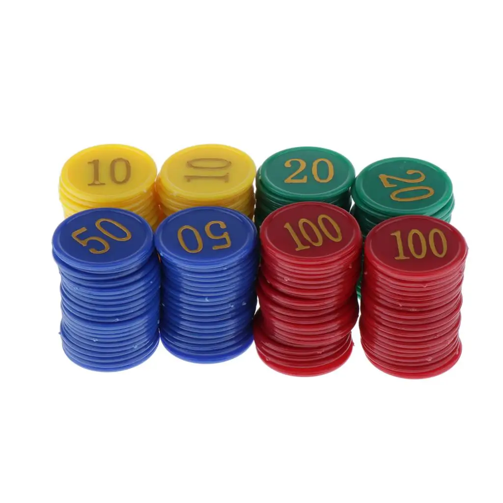 160pcs/pack Plastic Poker Chips Counters with Values Numbers on Them, Yellow/10, Green/20, Blue/50, Red/100
