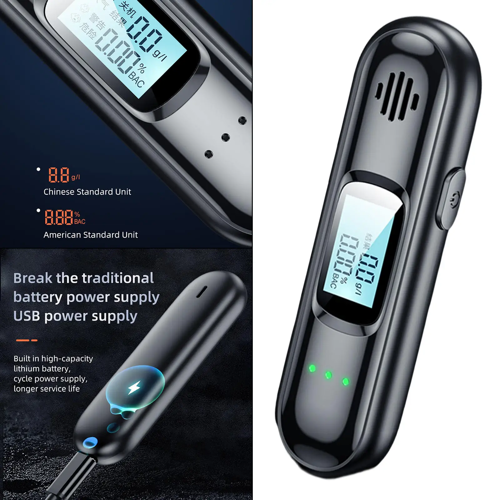Alcohol Breathalyser Digital Breath-Alcohol Tester USB Charging LCD High Precision Police Portable Blood Alcohol Content Result
