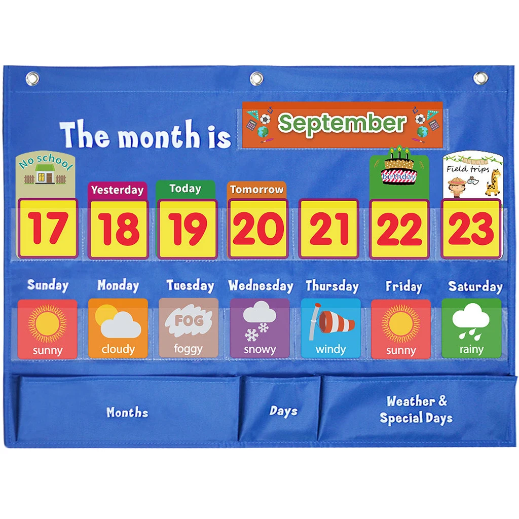 Weekly Weather Pocket Chart Educational Teaching Aid 98 Cards Home Classroom Learning Toys