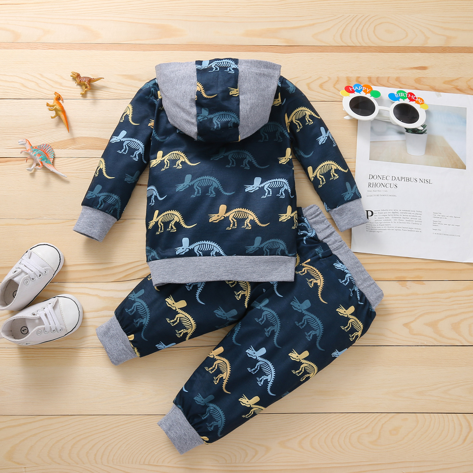 Camisolas e Calças de Algodão Longa com Capuz Tops e Calças Opperiaya Bebê Meninos Outono Terno Moda Bolso Carta Manga Dinossauro 2 Cheap Conjuntos de roupas