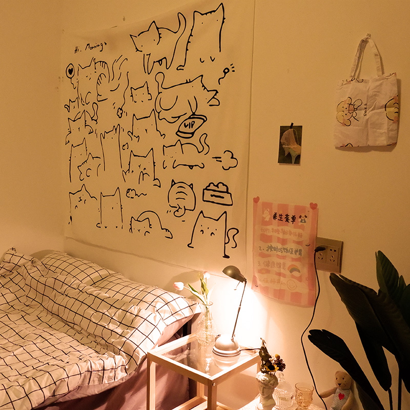 Description Picture 5 of itemCartoon Cat Tapestry Cute Aesthetic Simple Tapestry Nordic White Home Decoration Multifunctional Decorative Tapestry Gift Tapiz