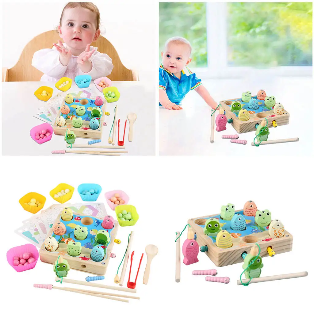 Multicolor Wood Fishing Toy Parent-Child Game Board Game Matching Game for Kids Children