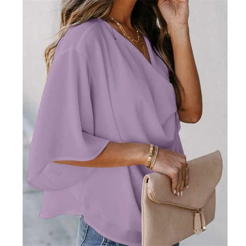 off the shoulder shirts & tops Women Casual Half Sleeves Blouse Casual Loose Solid Color V-neck Tops Shirt Summer Holiday Office Blouse Pullover Pleated Shirts ladies shirts