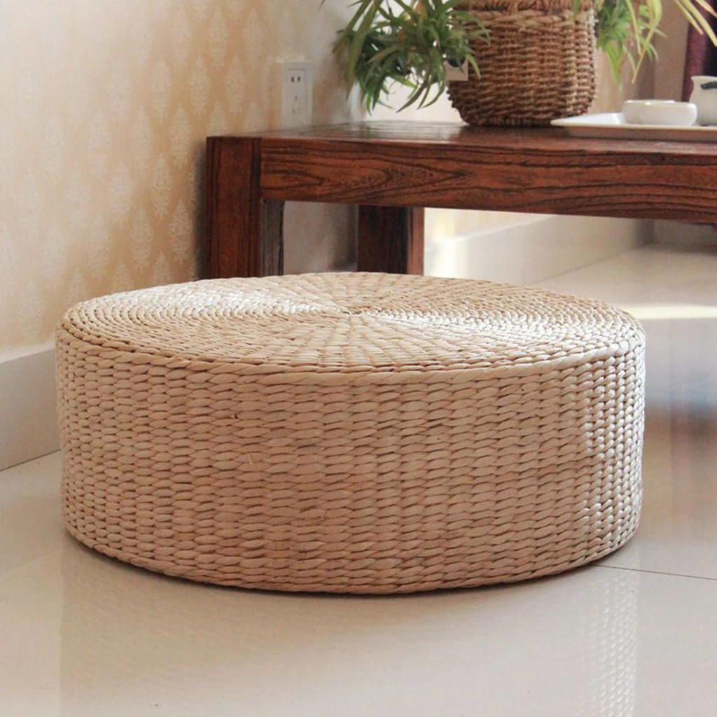 Natural Straw Floor Cushion Pouf Pure Hand Woven Room Patio Seat Pillow Yoga Worship Flat Mat Pad for Outdoor Indoor 40cm