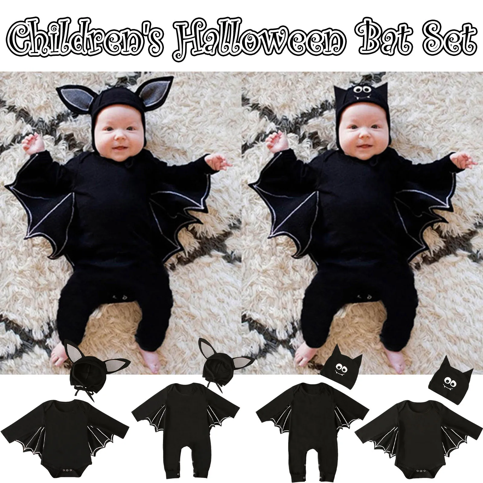 FDSD Clothes Halloween Romper for Infant Baby Boy Girl Autumn Bat Cosplay Costume Long Sleeve Balck Jumpsuit with Hat 