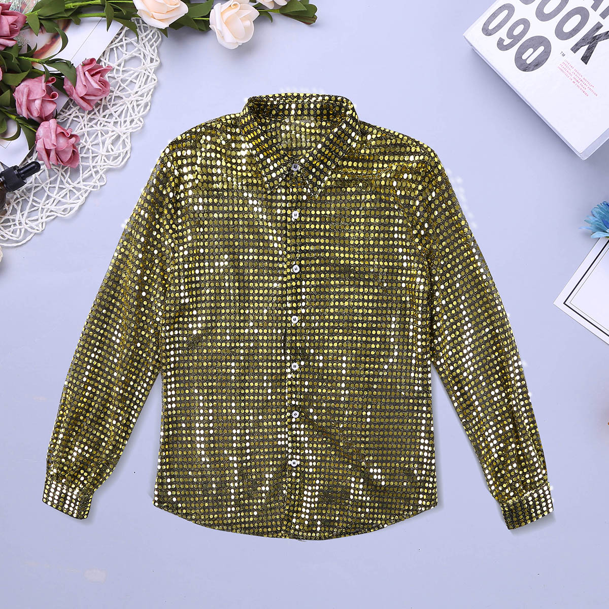 Pull à Paillettes Scintillantes Pour Garçon T-shirt à Manches Longues Avec Boutonnière Pour Costume De Danse Jazz Performance O Chemise Garçon, Blanc., 3-4 Ans