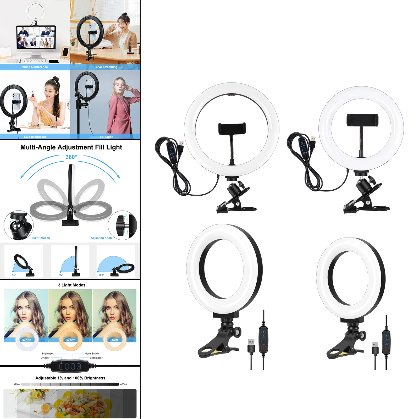 Ring Light Clip on Video Conference Lighting Set, 180 Rotation Angle, 10 Brightness Levels