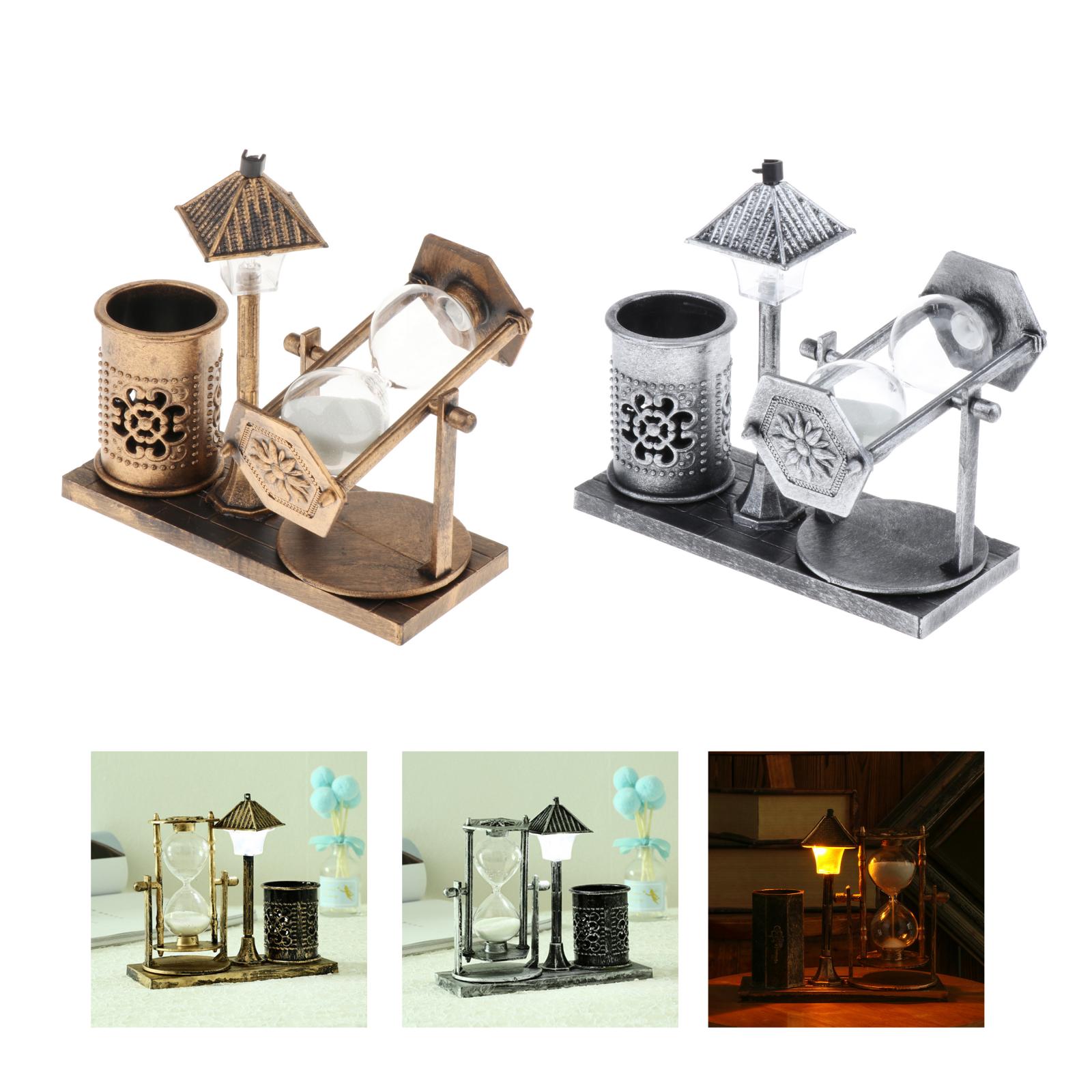 Retro Street Lamp Hourglass Crafts Sand Glass Clock Pen Holder Table Decor