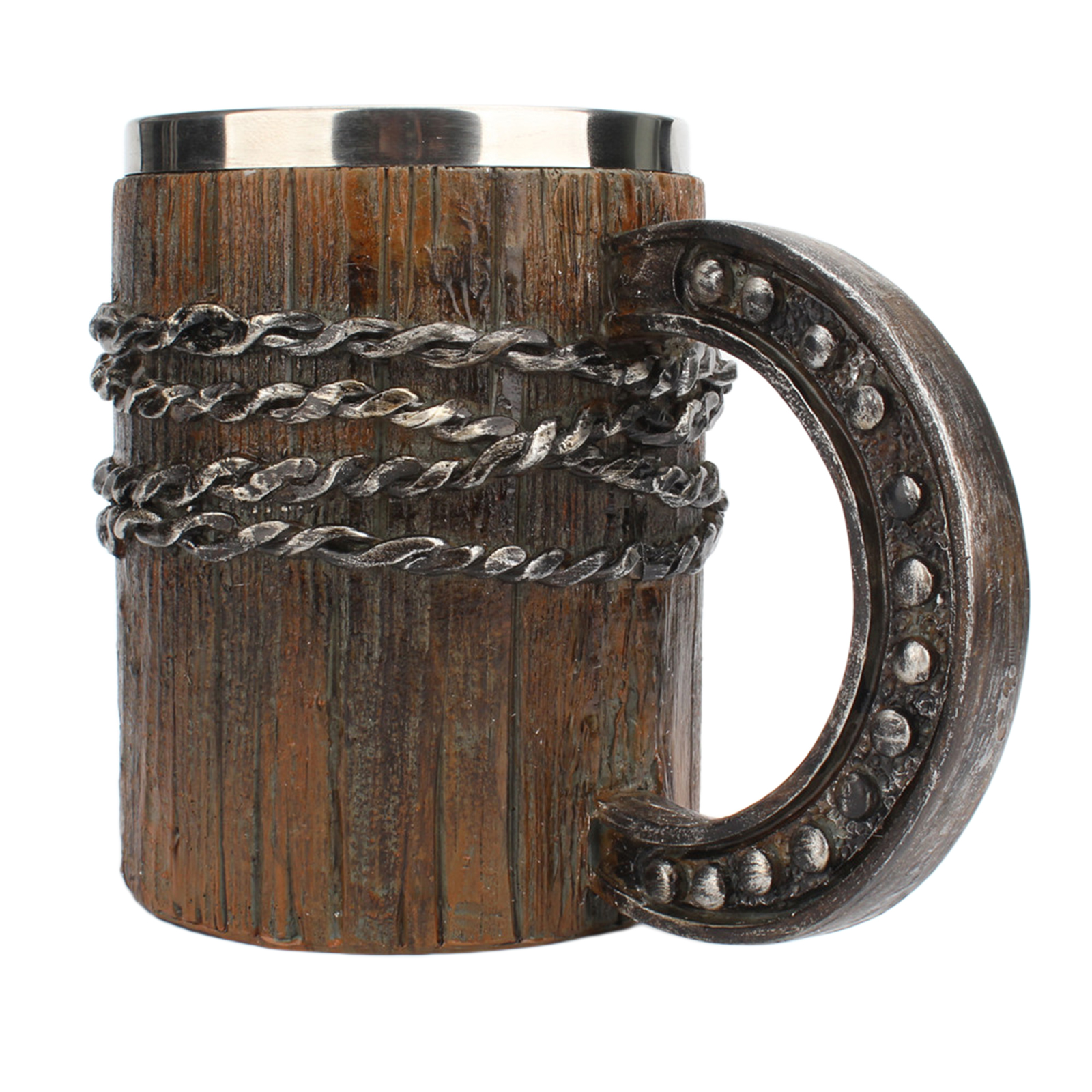 Creative Simulation Wooden Barrel Shape Beer Mug Stainless Steel Drinking Cup with Handle Coffee Drinkware