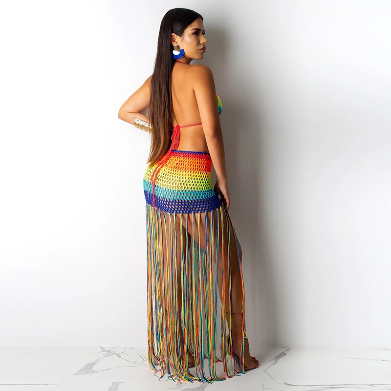 Summer Cover-Ups 2Pcs Beach Outfit Set Women Rainbow Crochet Lacing Halter Neck Backless Tops High-Waist Tassel Skirt for Female bathing suit wrap cover up