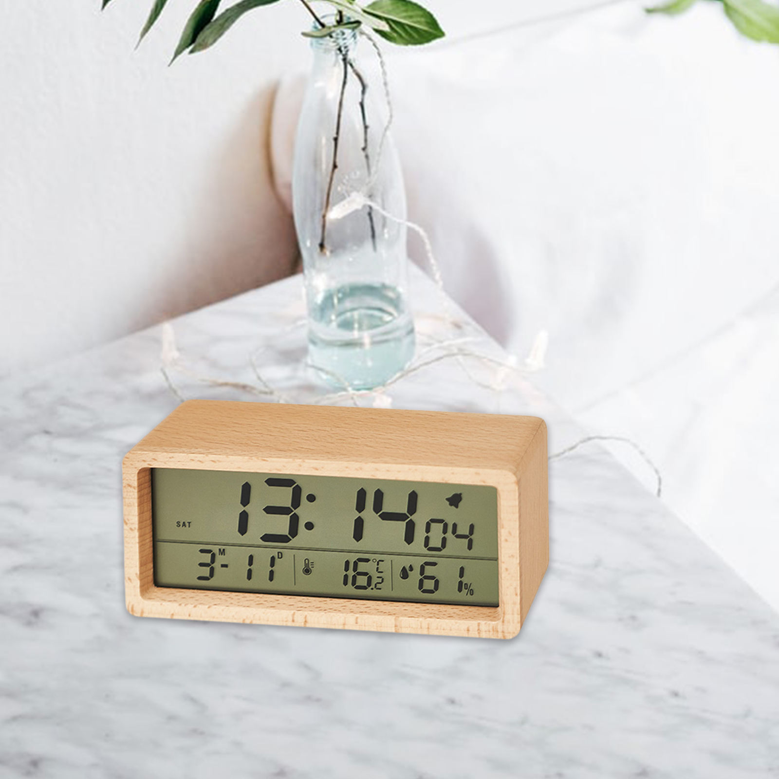 Wood Battery Powered Alarm Clock Humidity Temperature Week Time Display Snooze Mode Bedroom Bedside Kids Room Clocks