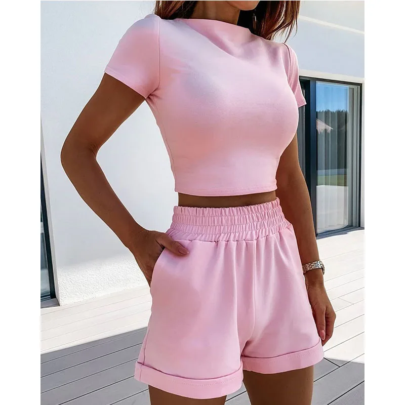New Summer Women Short T-Shirts Casual Two Piece Clothing Tracksuit Pockets Loose Tops Shorts Set Female O-Neck Casual Sets