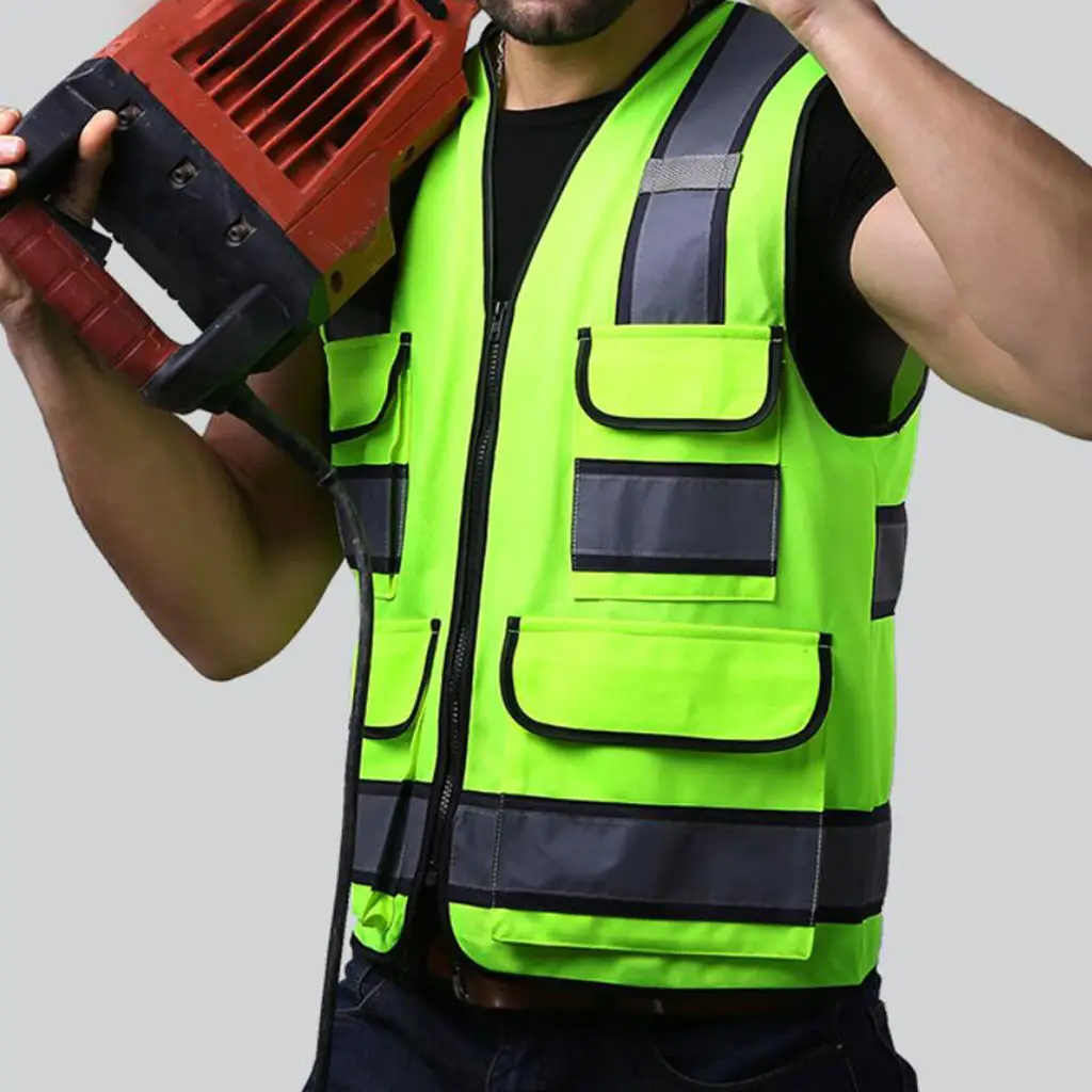 Multi Pockets High Visibility Zipper Front Safety Vest With Reflective Strips, Premium Style-E