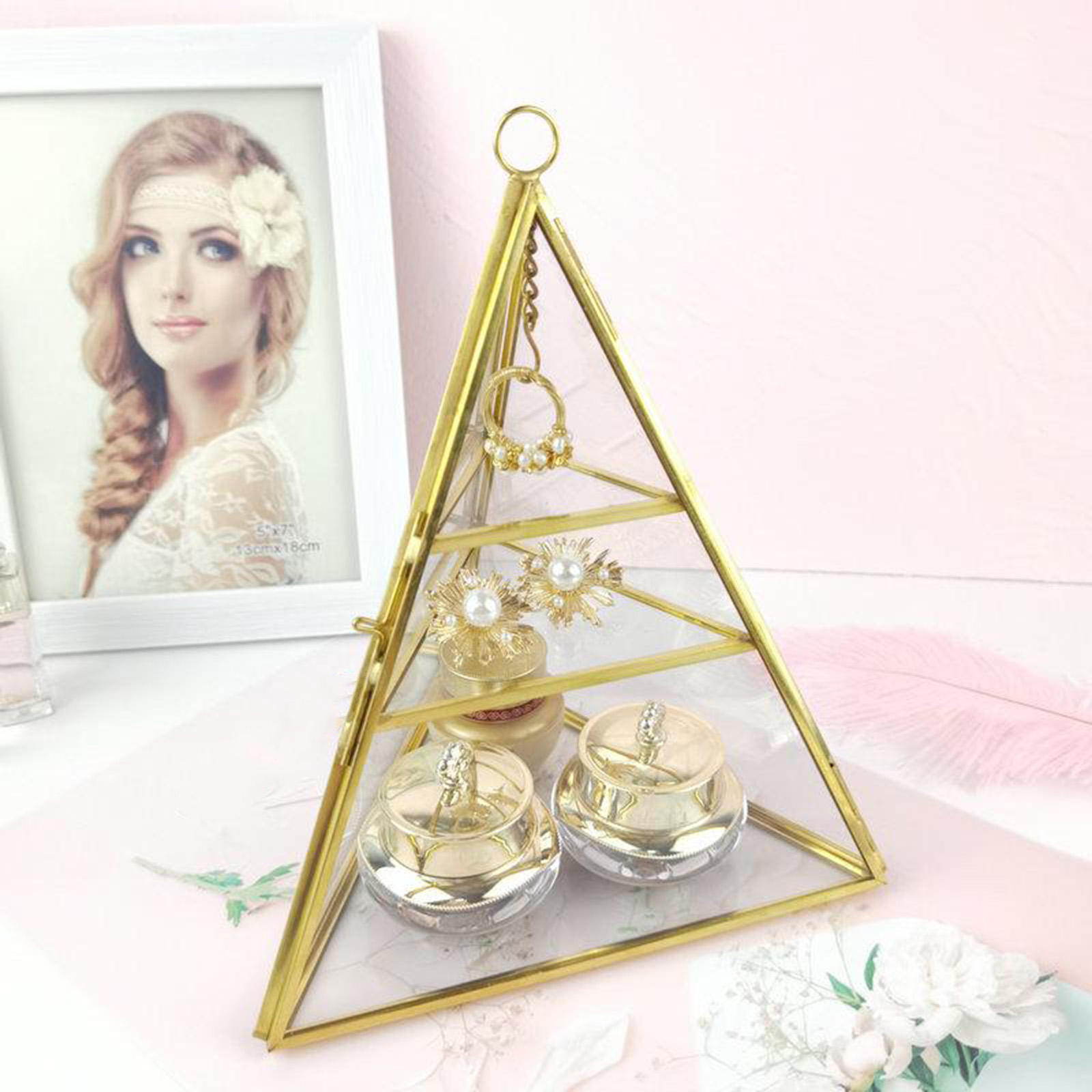 3 Tiers Clear Pyramid Glass Mirrored Jewelry Trinket Box Necklace Bracelets