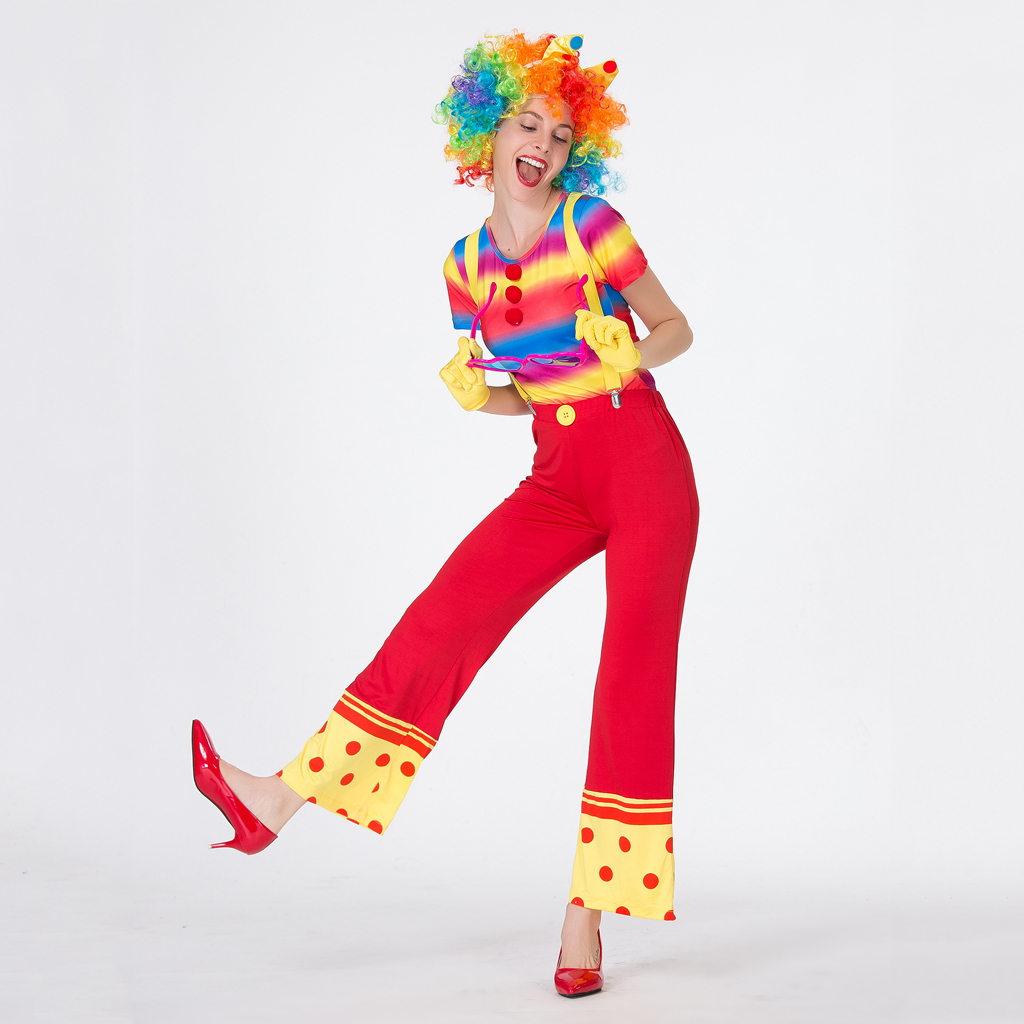 Set of 5 Pieces Adults Women Ladies Funny Clown Joker Costume Festival Circus Party Dress Up Outfit Rainbow Color