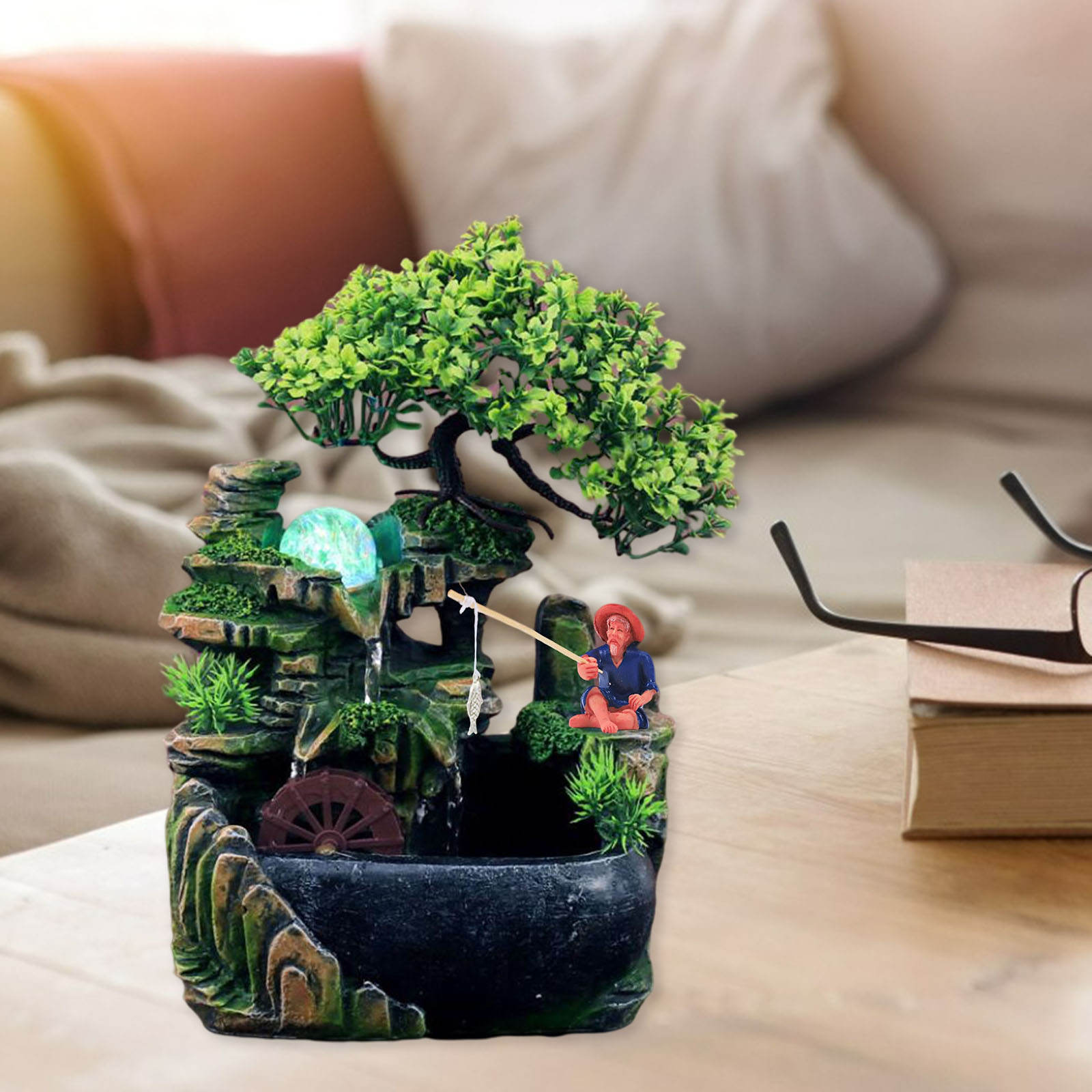 Indoor Tabletop Waterfall Fountain with Pump Rockery Fisherman Bonsai Statue Flowing Water Fountains Home Ornament