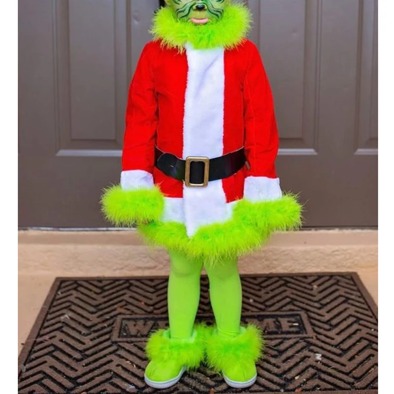 2Pcs Toddler Baby Green Furry Grinch Outfits Long Sleeve Top+ Long Pants Santa Claus Clothes Xmas Party Dress Up Cosplay Costume beautyful kid suit