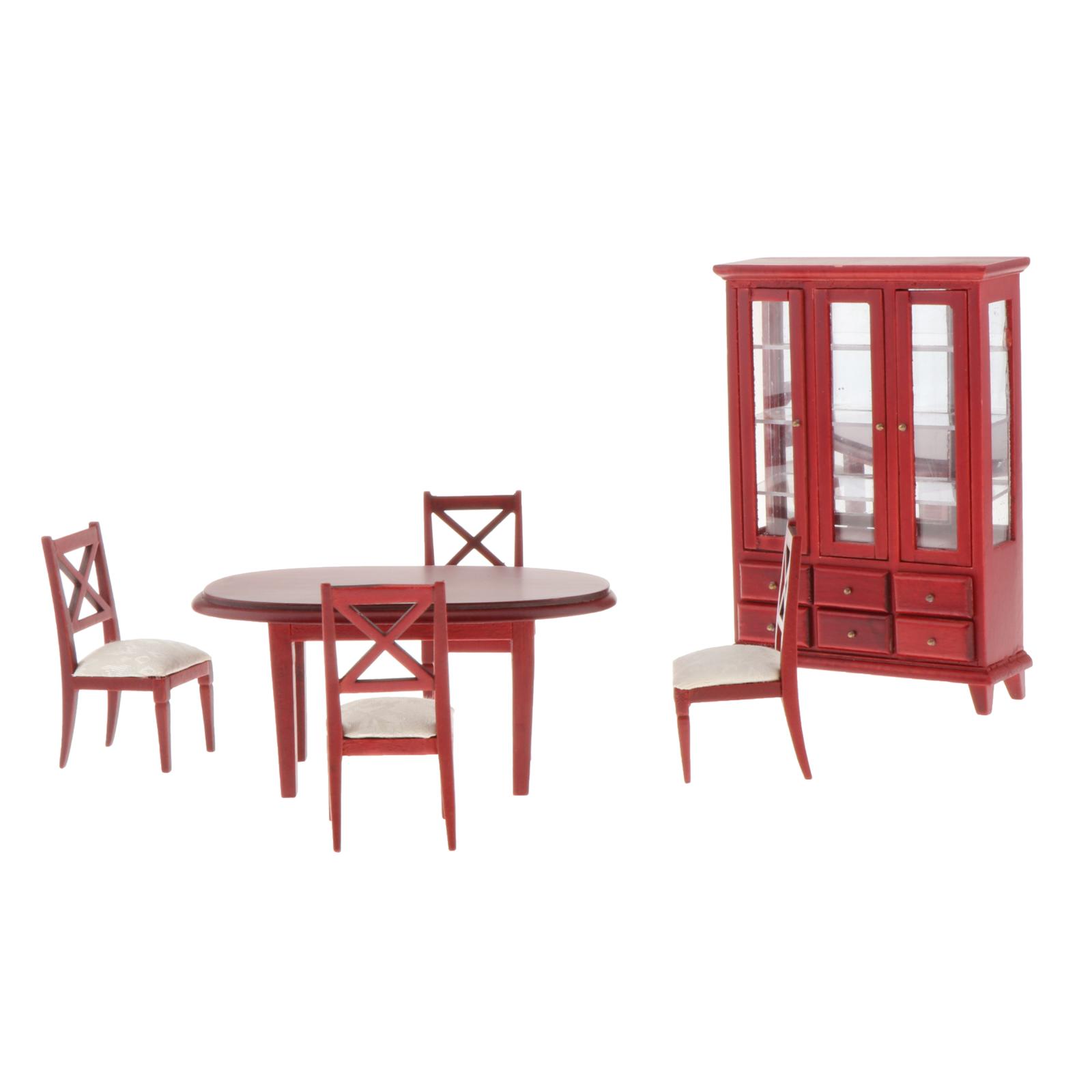 1:12 Dollhouse Mini Red Wooden Table Chairs Cabinet Set Supplies Decoration