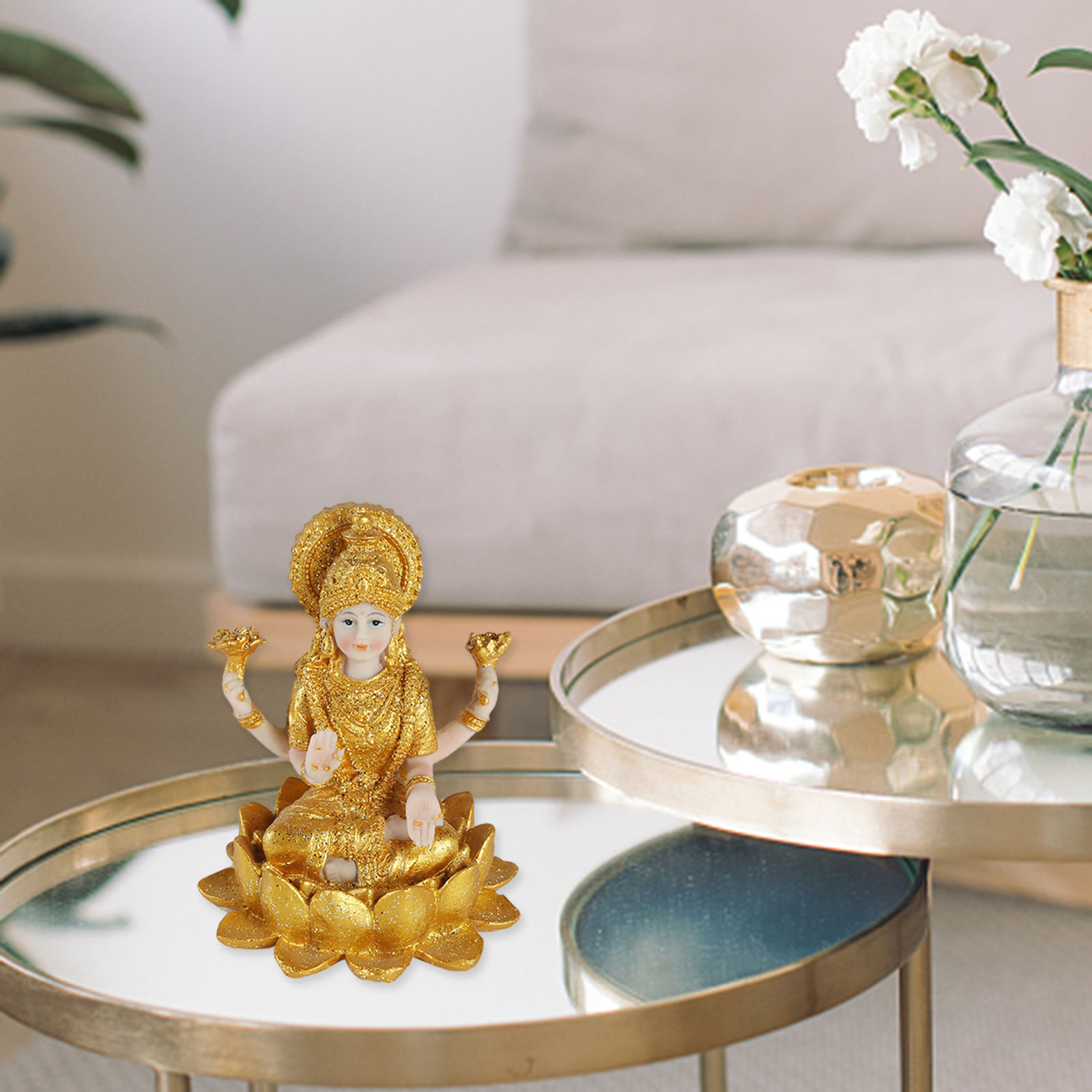 Hindu Goddess Gold Indian Buddha Statue Prosperity Buddhism Sitting Spiritual Sculpture Craft for Altar Room Diwali Temple Home