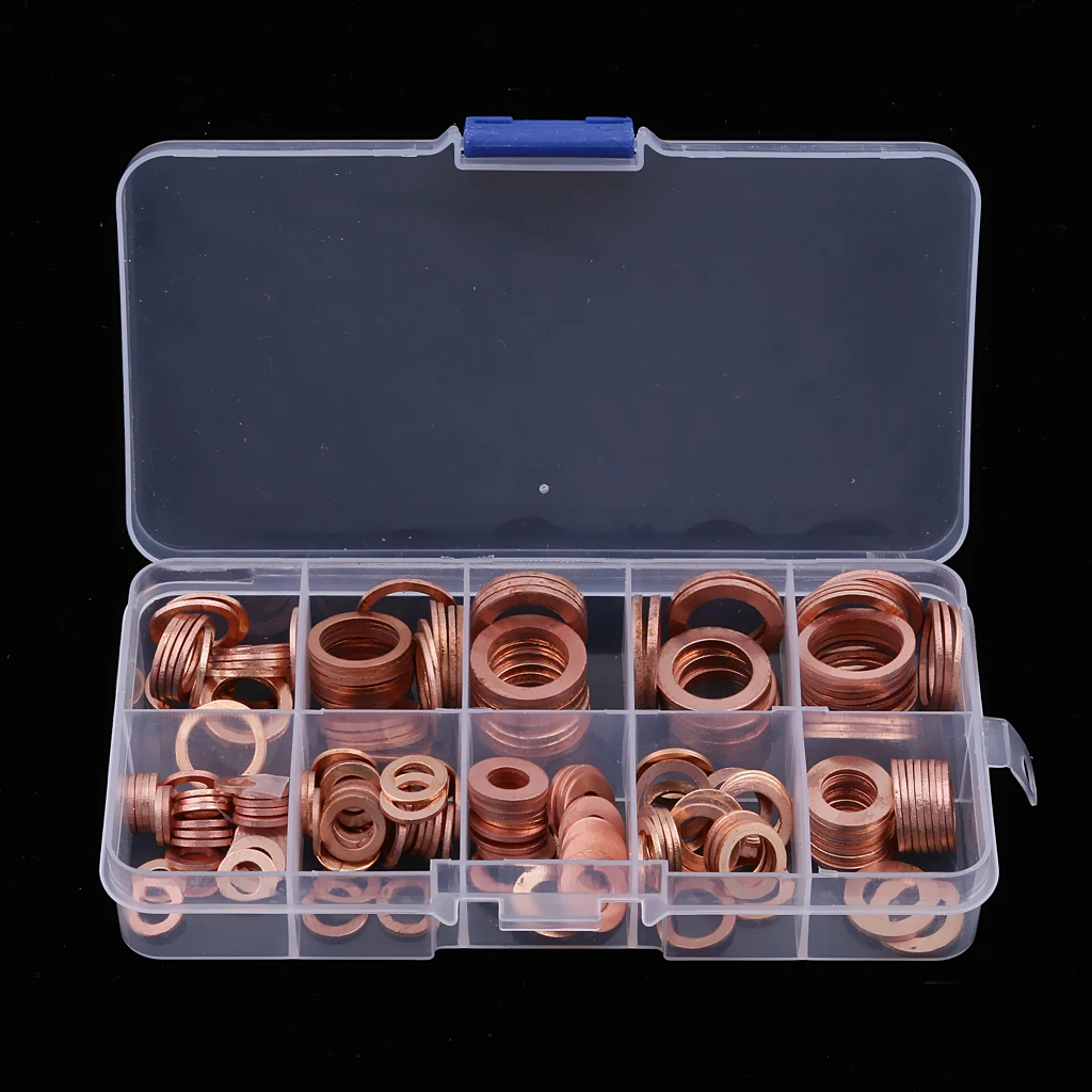 200Pcs Copper Washers Flat Ring Sump Plug Oil Seal Gasket Assorted Set