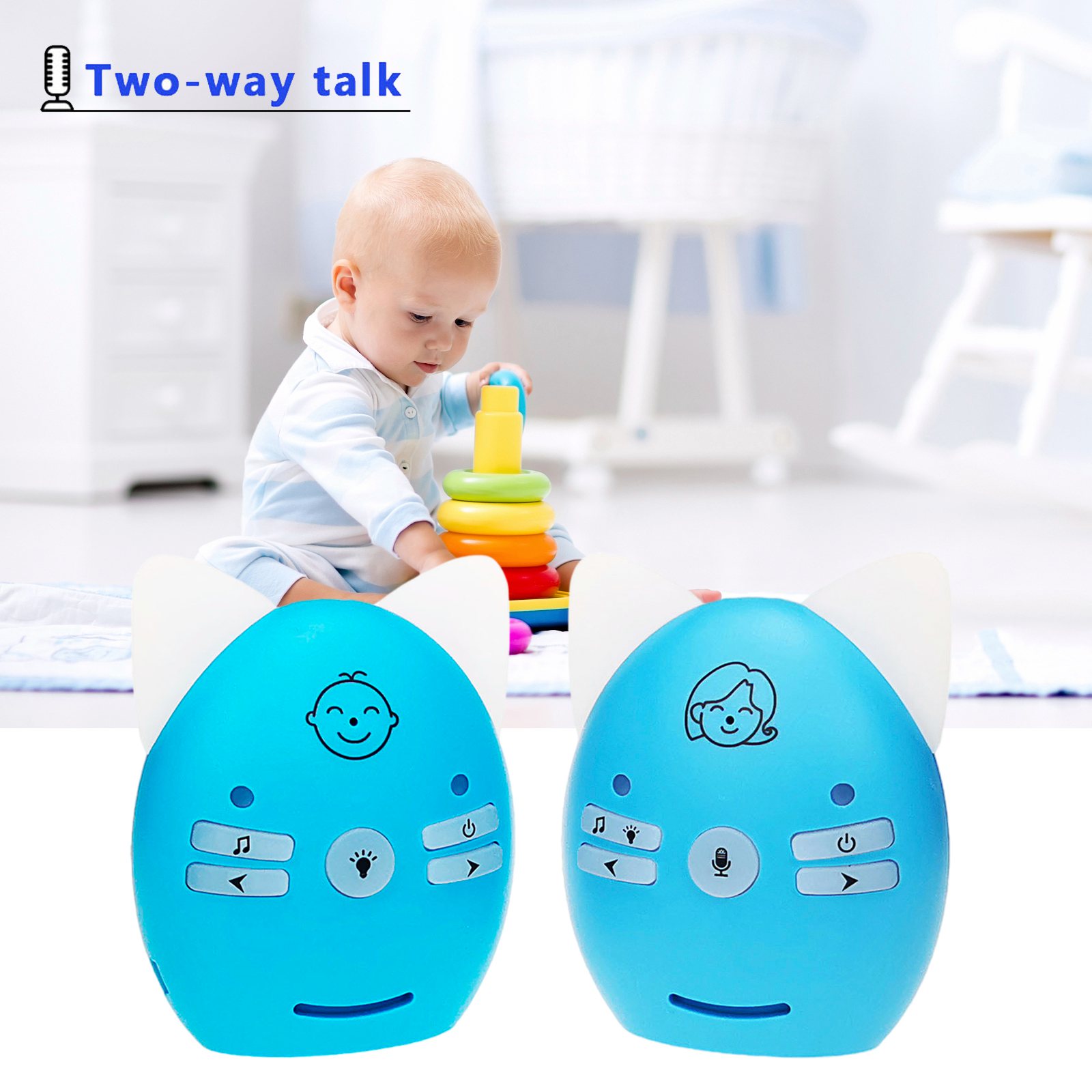 Digital Audio Baby Monitor Long Range up to 1000 ft Warning Lullabies, Two Way Talk, Rechargeable Battery Night Light US Plug