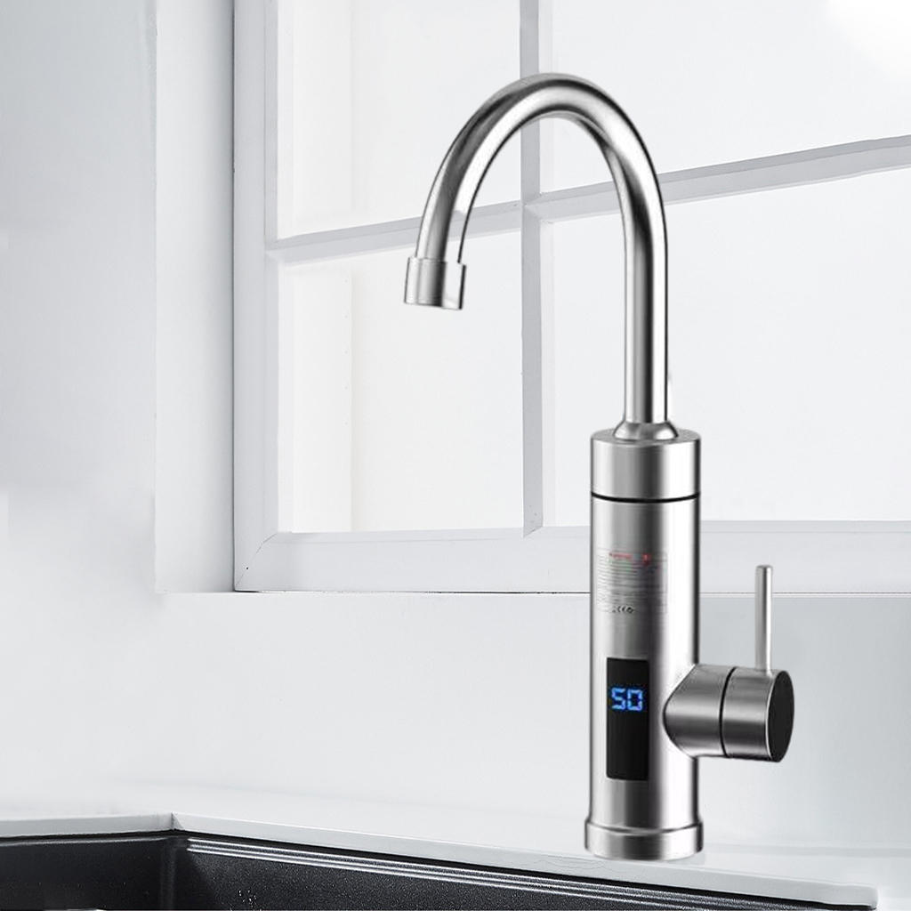 Stainless Steel Electric Tankless Water Heater Heating Tap LED Digital Display Hot/Cold 3000W Hot Water Faucet 360° for Kitchen