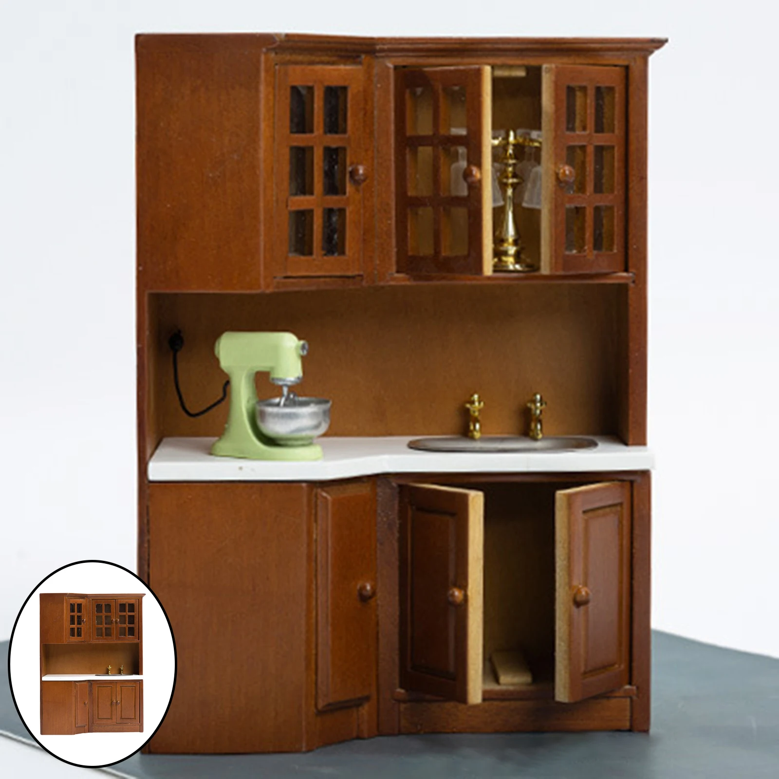 Wooden Dollhouse Wash Basin Cabinet Kitchen Sink Bathroom Sink Cabinet Wash Basin Furniture for 1/12 Doll House Decor Accessory