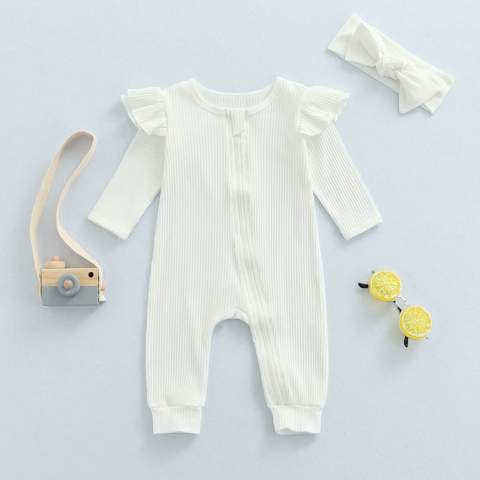 0-18M Newborn Infant Baby Girl Romper Long Sleeve Round Neck Slant Zipper Ruffle Solid Color Knitting Fall Jumpsuit cool baby bodysuits	