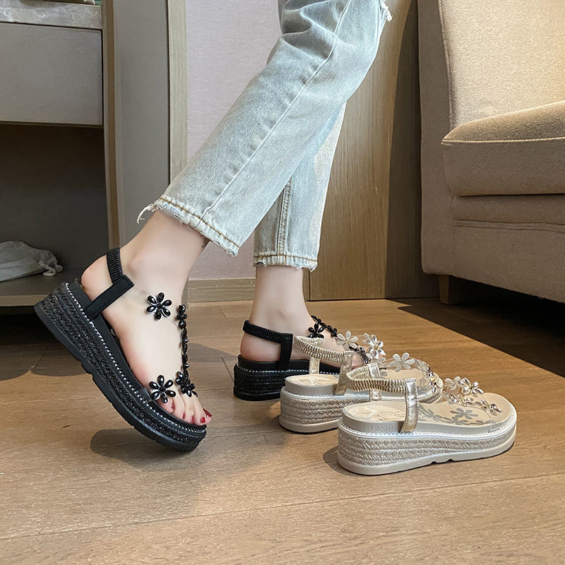 Ladies Platform Sandals White Beige Black Wedge High Heels Summer Shoes Rhinestone Flower Ins Fashion Design 2021 Comfortable Ladies Platform Sandals White Beige Black Wedge High Heels Summer Shoes Rhinestone Flower Ins Fashion Design 2021 Comfortable