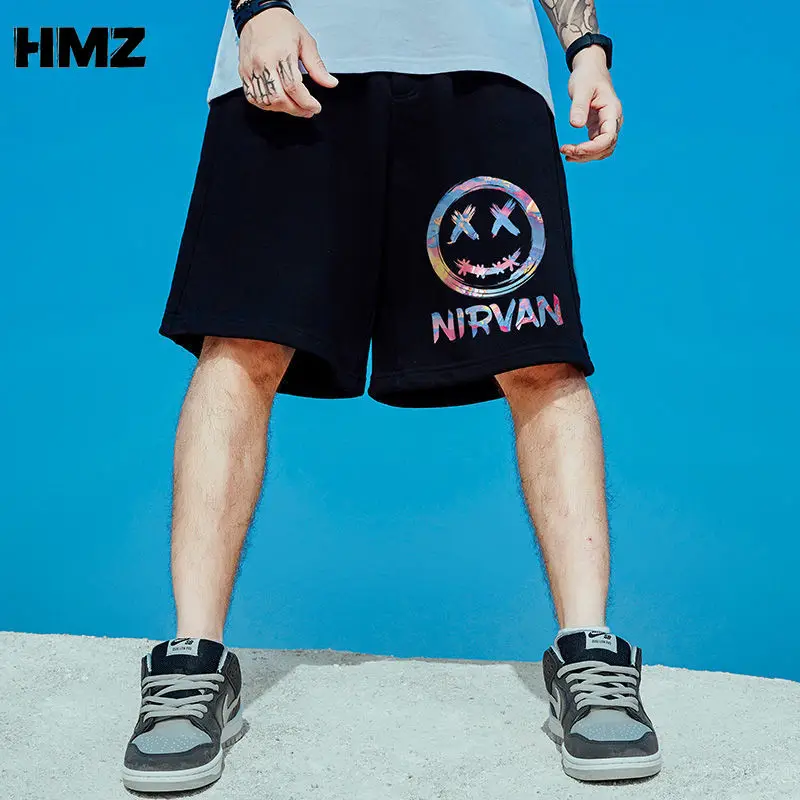 HMZ 2021 Summer New Drawstring Smiley Print Shorts Men Casual Jogger Sweathshorts Plus Size Workout Gym Shorts Streetwear Men smart casual shorts mens