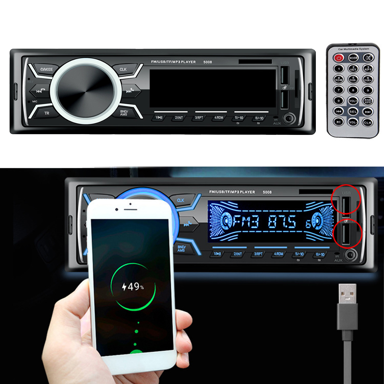 Car Radio with Bluetooth Hands-free System and Remote Control 1 DIN Car Radio MP3 Player Fast Charging Digital Media Player
