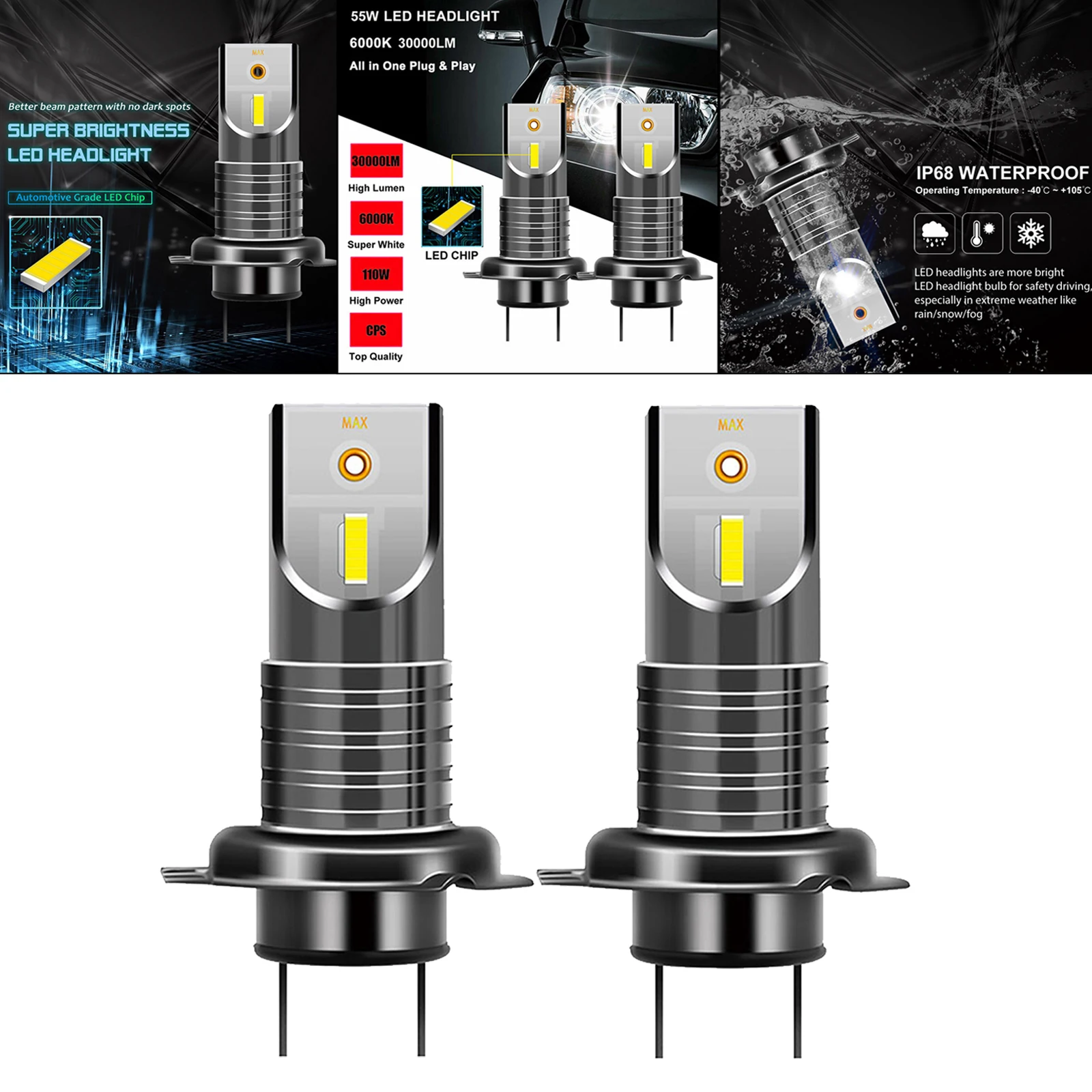 2Pcs H7 110W LED Headlight Bulbs 26000LM Headlamp IP68 Waterproof CSP Chips Conversion Kit Halogen Replacement Car Accessories