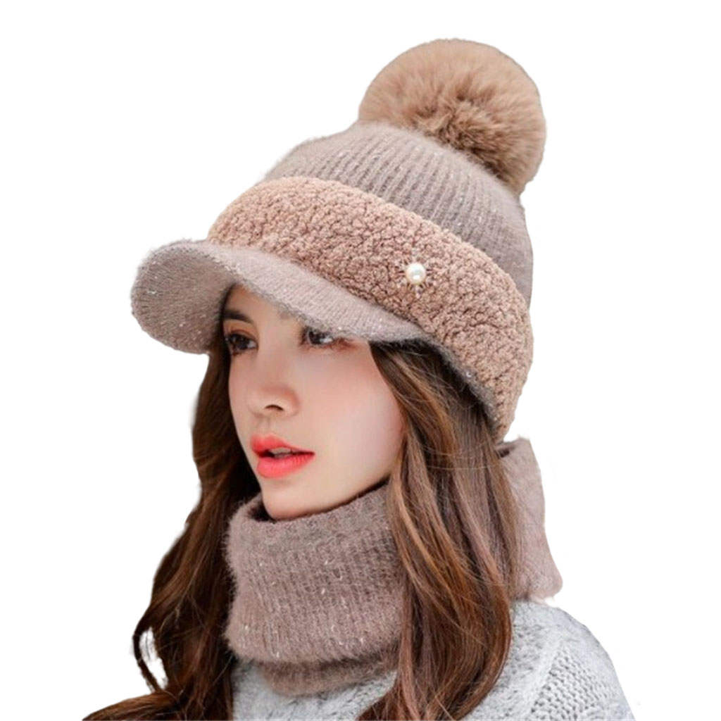 Women's Warm Beanie Hat Scarf Set, Knitted Wool Thick Visor Slouchy Skull Caps for Outdoor Ski, Cycling and Camping, Ladies