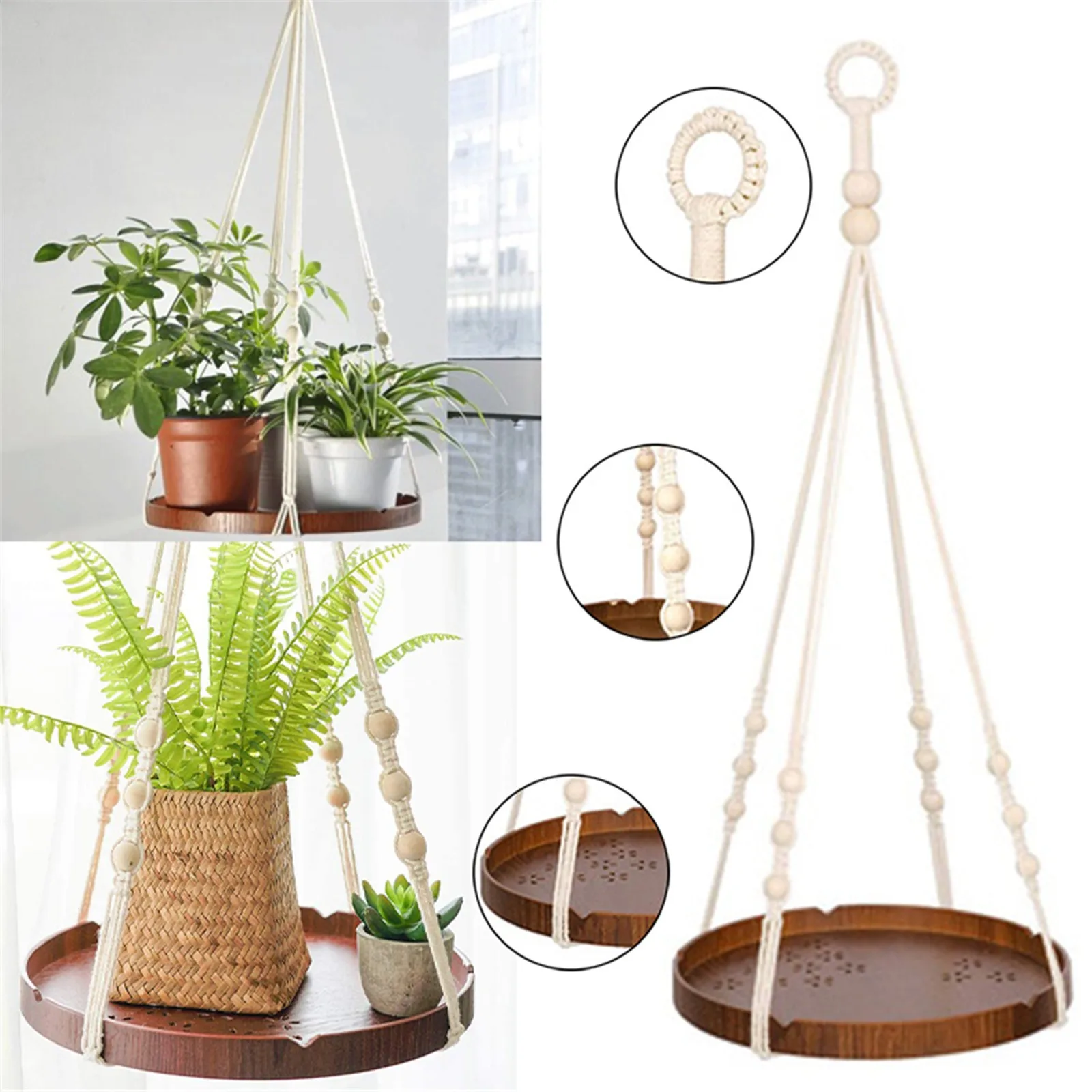Small Herbs TQVAI Indoor Macrame Plant Hanging Shelf with Hanger Hook Decorative Flower Pot Holder Succulents Flowers Brown Boho Chic Bohemian Home Decor for Beloved Cactus 