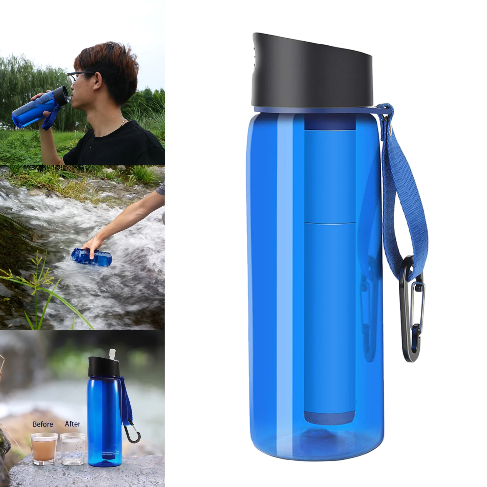 650ml Outdoor Water Filter Bottle Survival Camping Water Filtration Bottle Straw Purifier for Camping Hiking Traveling 22oz