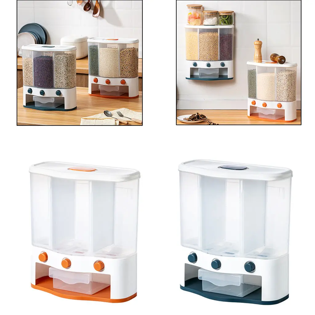 Wall Mounted Rice Dispenser 6L Rice Bucket, 3-Grid Rice Storage Dry Food Dispenser Grain Storage Dried Fruit Food Storage Box