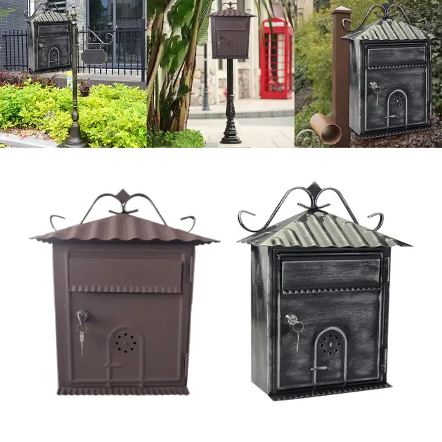 Post Letter Box Mailbox Vintage Style Mail Holder Wall Mounted Decorative  Iron Lockable for Apartment home and garden Entryroom Outdoor Brown