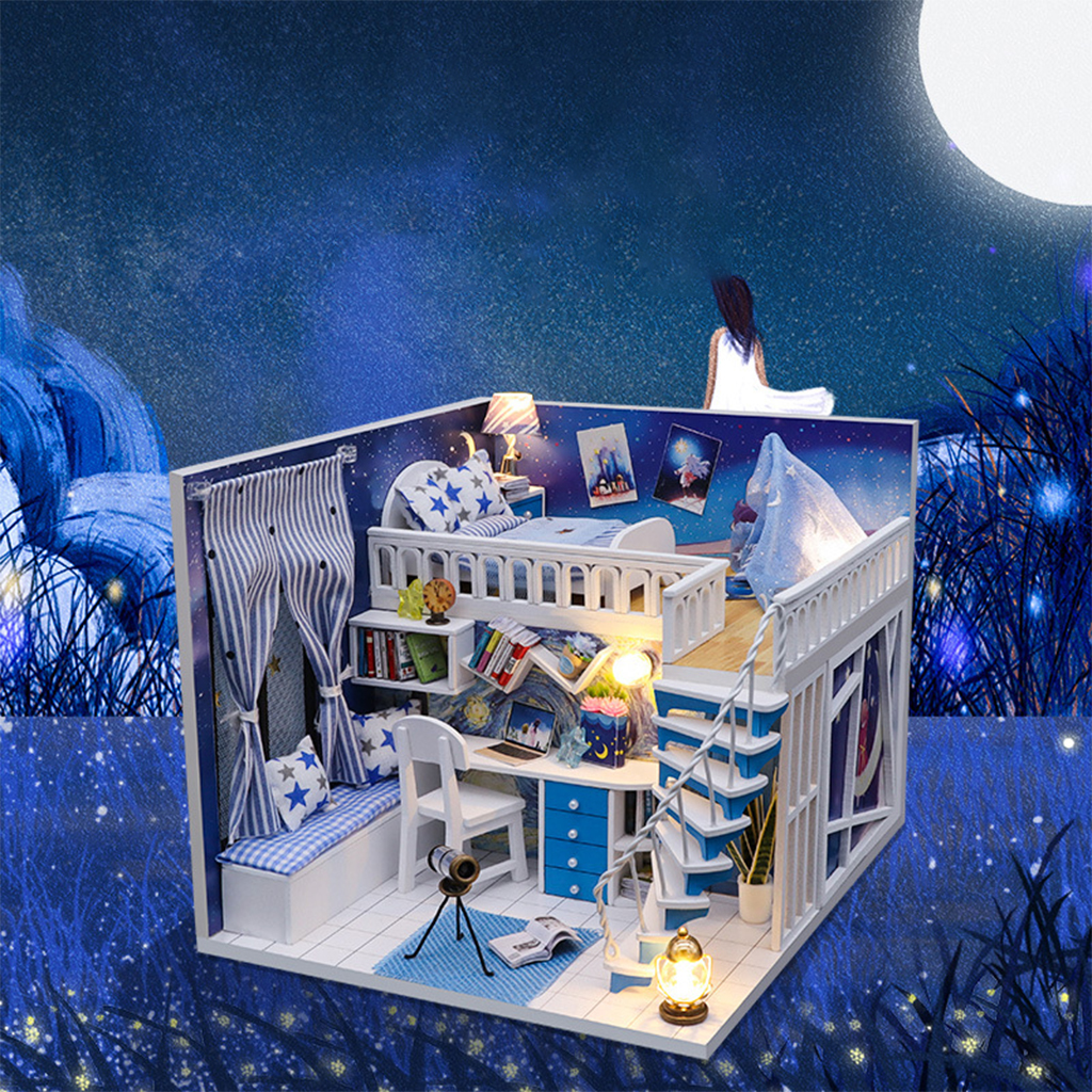 DIY Creative Dollhouse with Realistic Furniture Kit w/ LED Light Battery Case Wooden Crafts Themed Cottage Doll House Toys Gift