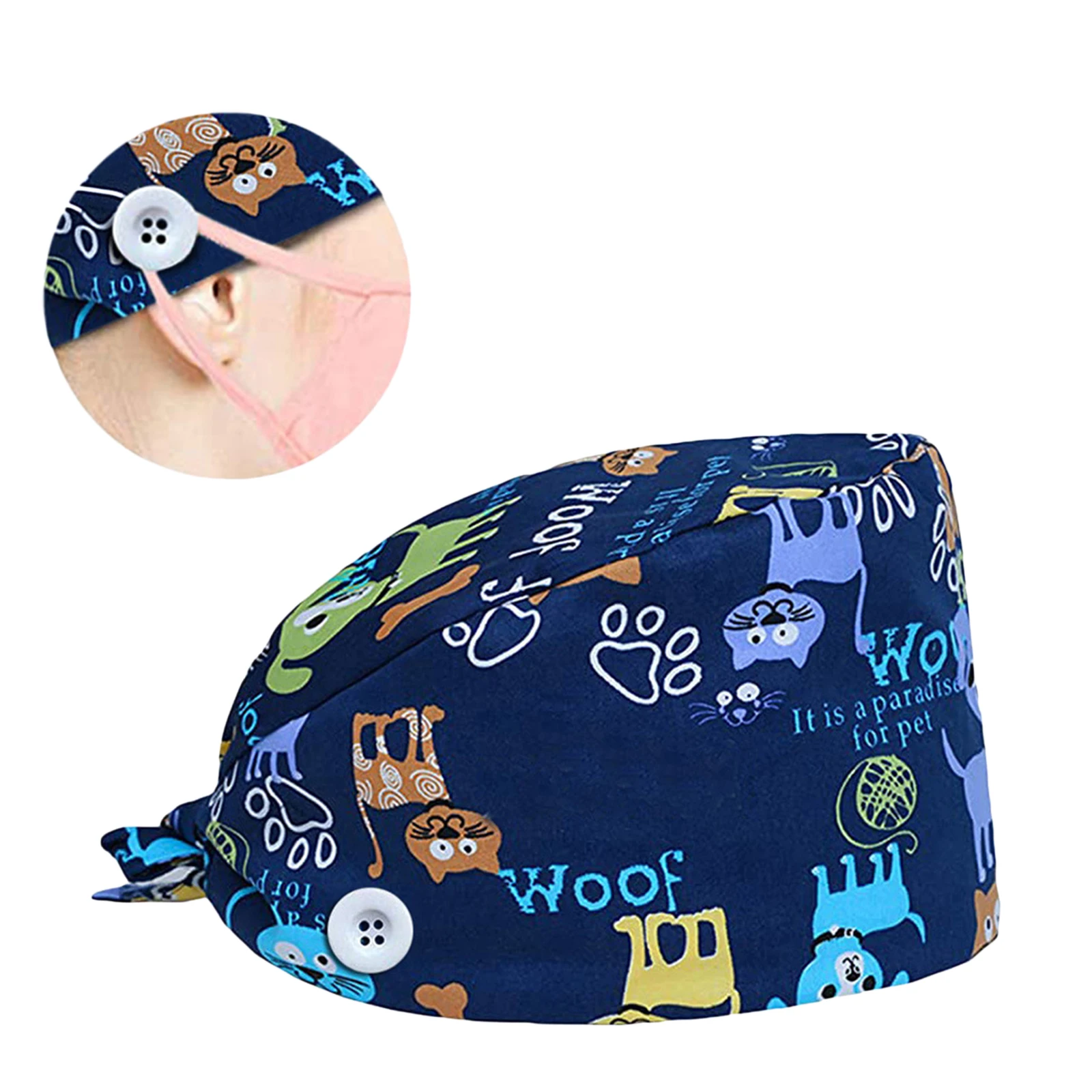 Fashion Scrub Caps with Buttons for Mask Doctor Nurses Cotton Bouffant Hats Adjustable Head Cover Wokring Hats for Women Men