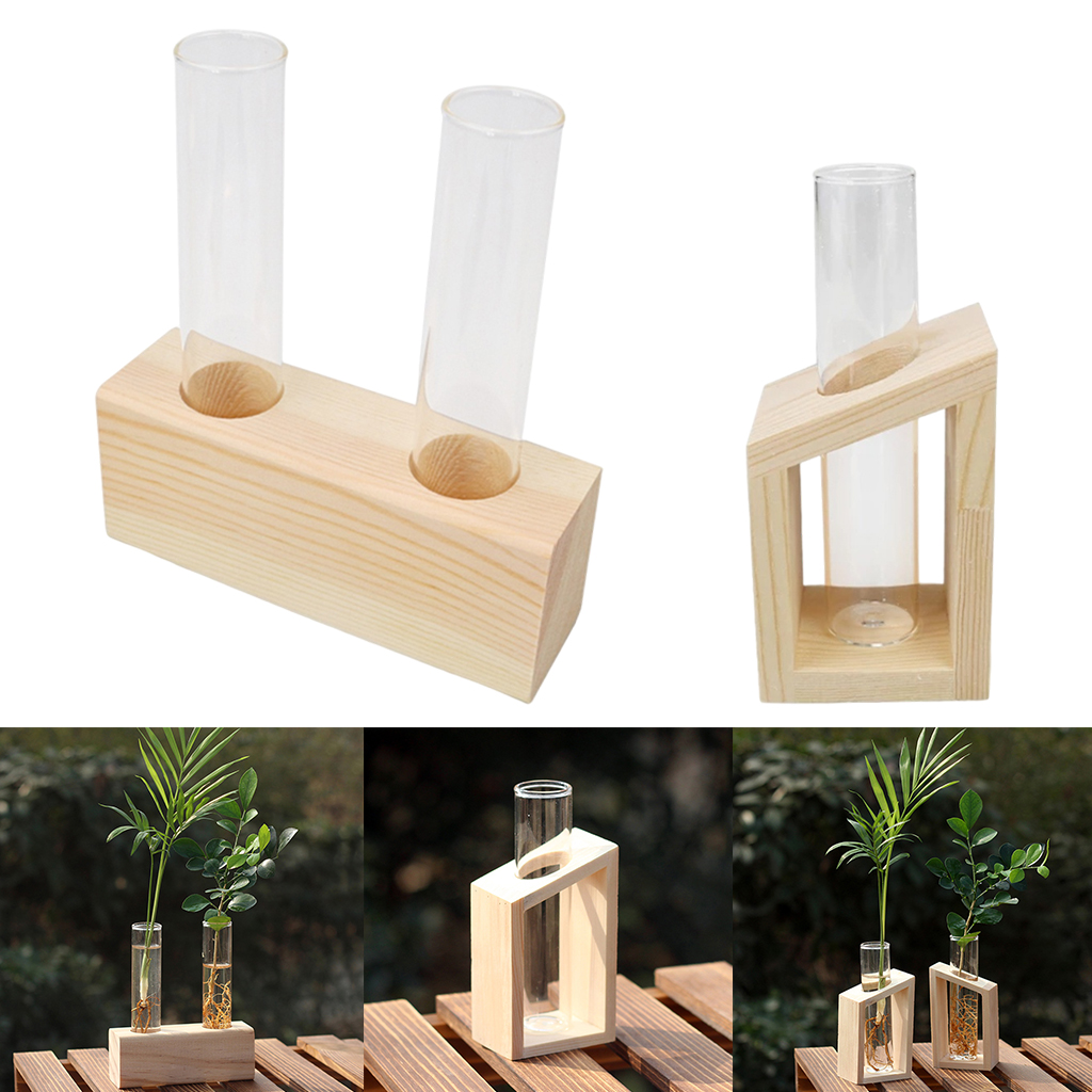 Crystal Glass Test Tube Vase In Wooden Stand Flower Pots for Hydroponic Plants Home Garden Decoration