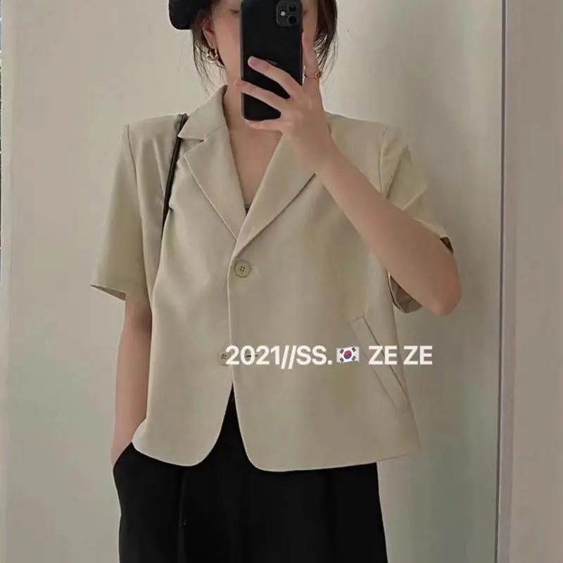 plus size dressy pant suits Blazers Women Leisure Elegant Solid Short Sleeve Chic Ins Korean Fashion Female Tops Office Wear Single Breasted Notched Trendy lawn suits