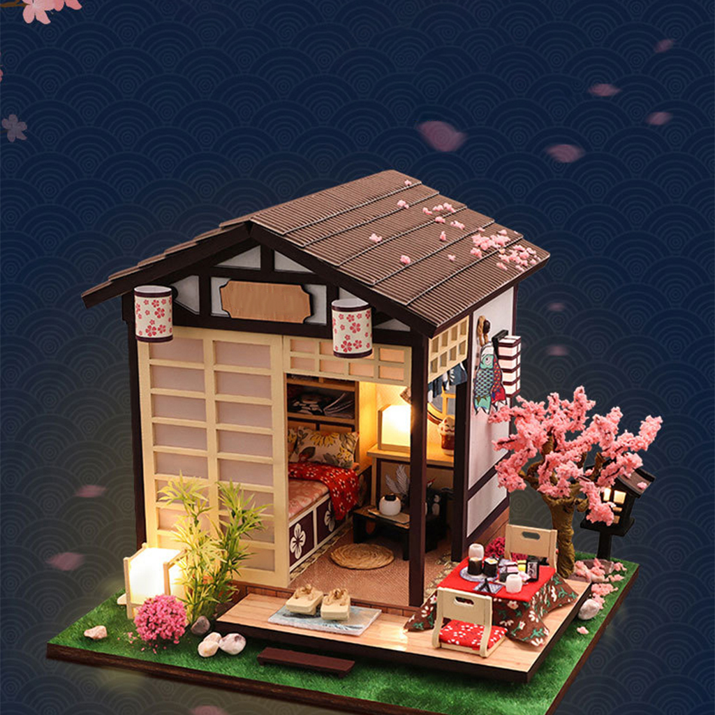 DIY Dollhouse with Realistic Furniture LED Light Battery Case Wooden Japanese Cottage Toys for Kids Adults Birthday